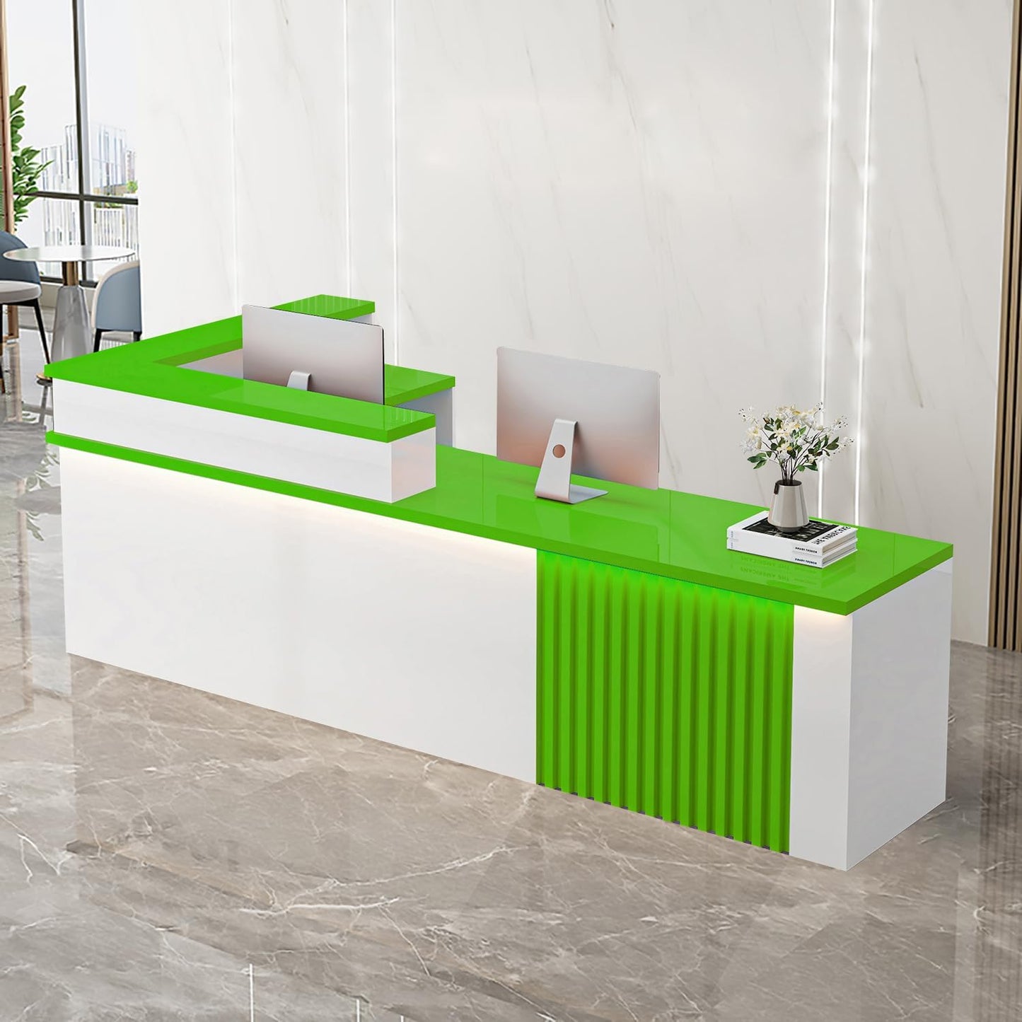 Receptionist Desk with LED Light，Wooden Salon Checkout Counter with Storage Drawer & Keyboard Tray Modern L-Shaped Reception Desk for Barbershop Office Company Store