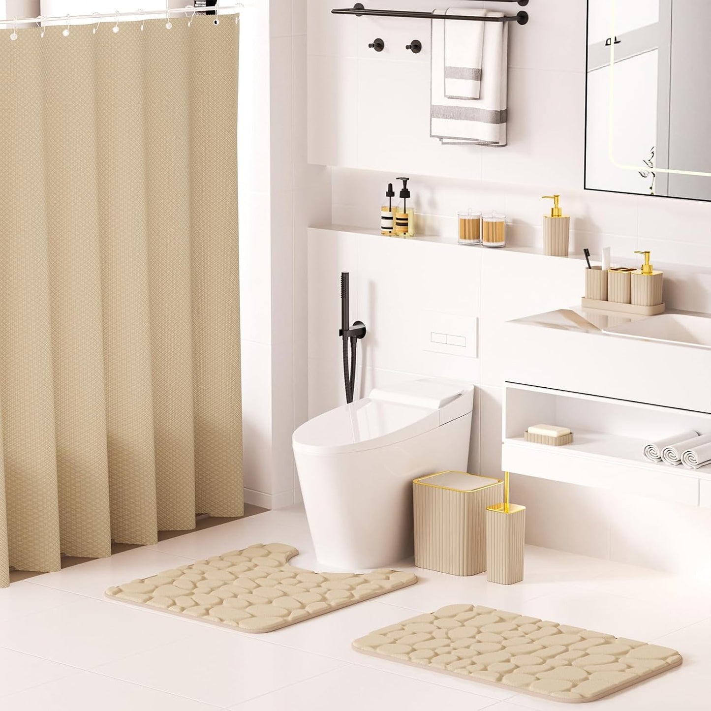 Bathroom Accessories Set - 25PC Bathroom Sets with Shower Curtain and Rugs, Beige Bathroom Accessories with Trash Can, Soap Dispenser, Soap Dish & Toilet Brush