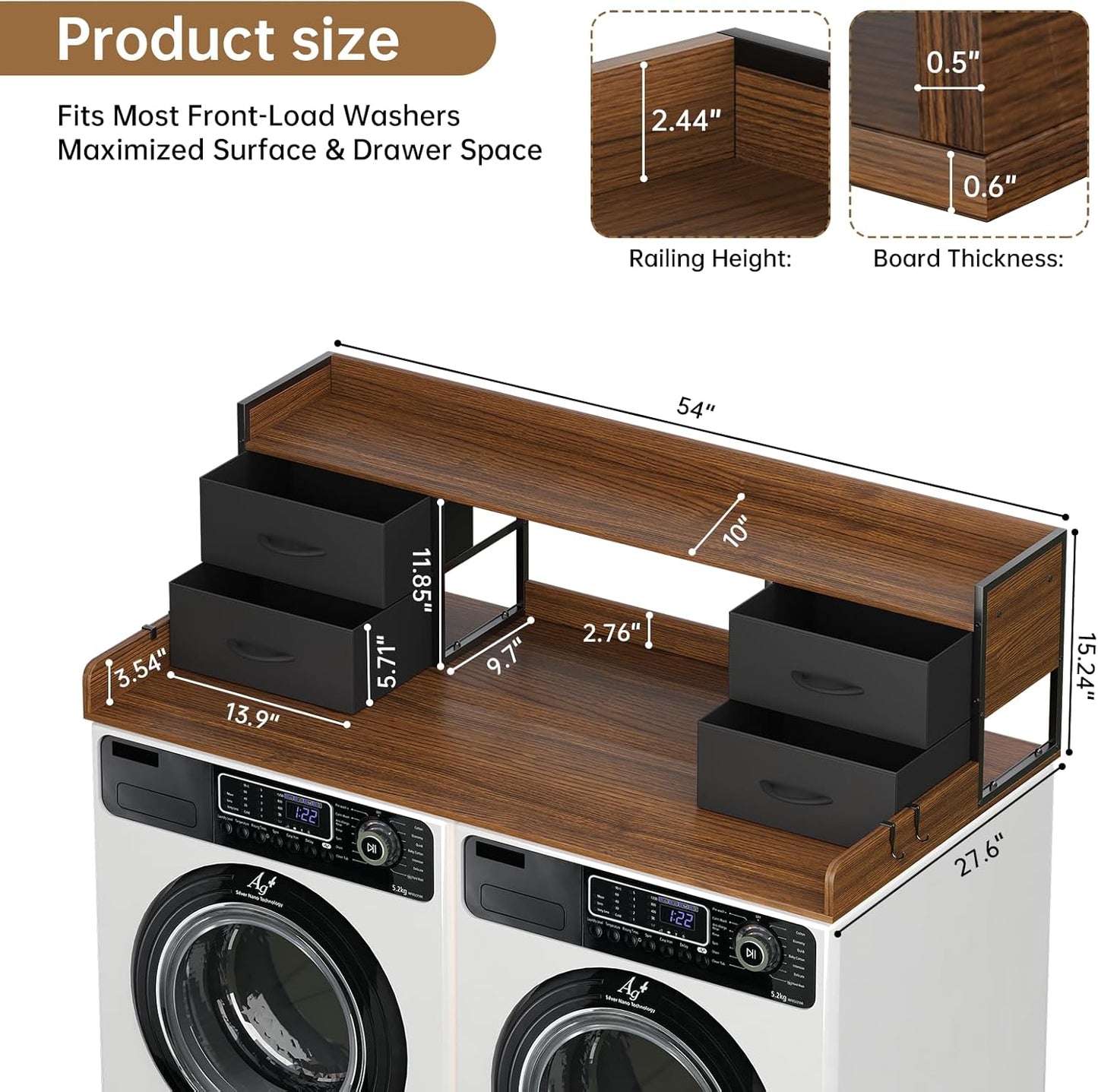 4 Drawers Washer Dryer Countertop with Shelf, 27.5" D x 54" W Laundry Topper with 3.54" High Guardrails and Non-Slip Pads,Extra Storage Organizer for Over Washer and Dryer, Holds 66 Lbs,Dark Walnut