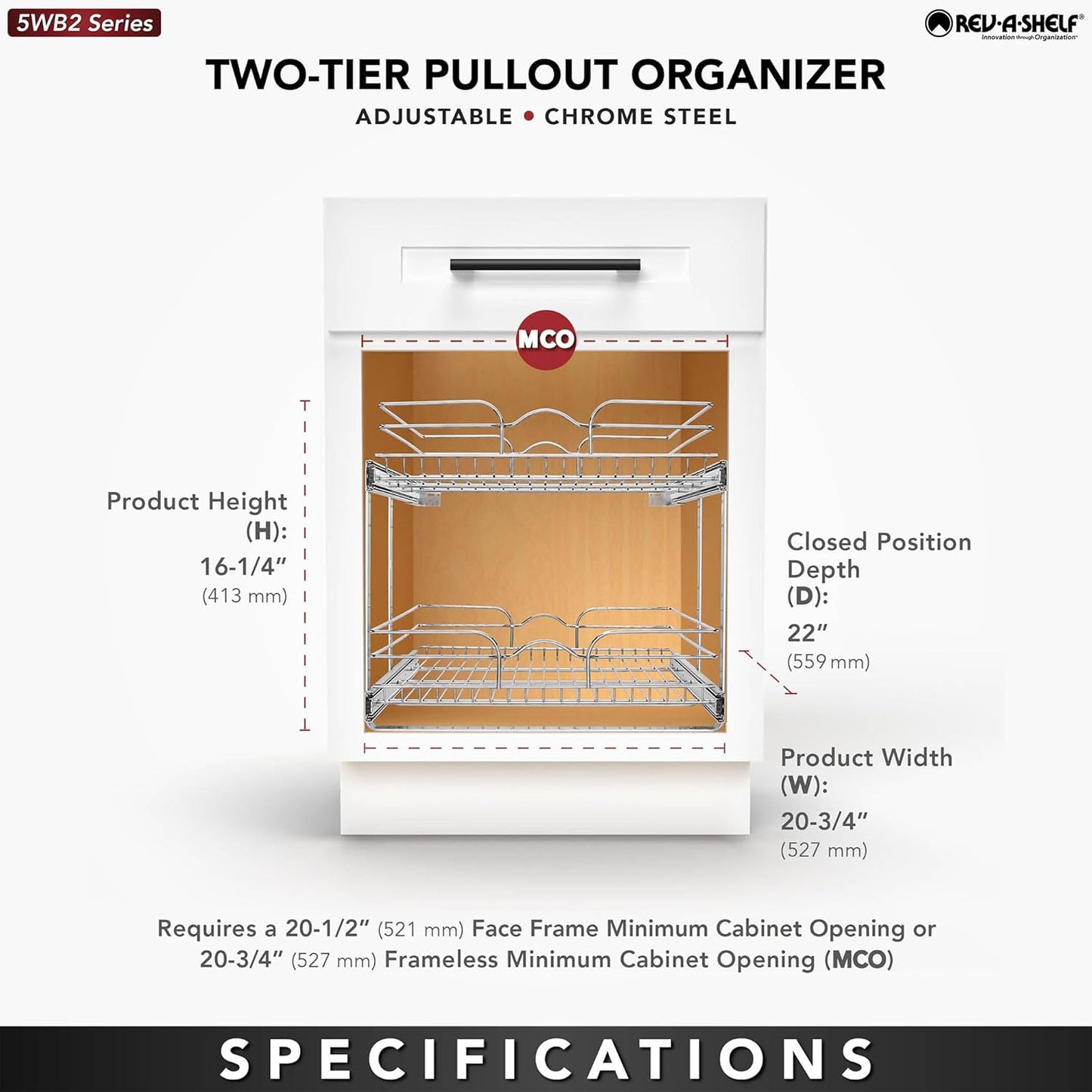 Rev-A-Shelf 2 Tier Kitchen Cabinet Pullout Shelf and Drawer Organizer Slide Out Pantry Storage Basket in Multiple Sizes, 21 x 22 In, 5WB2-2122CR-1