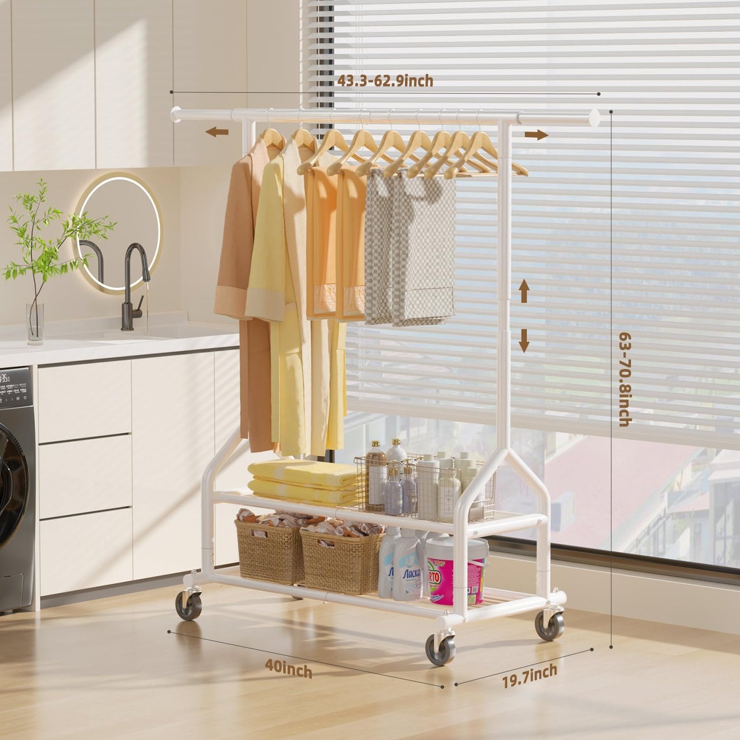 EAGMAK Heavy Duty Clothes Rack Load 556 LBS, Rolling Clothing Rack With Shelves, Height Adjustable Metal Clothes Hanger with Wheels Portable Wardrobe Organizer Garment Rod for Hanging Clothes (White)