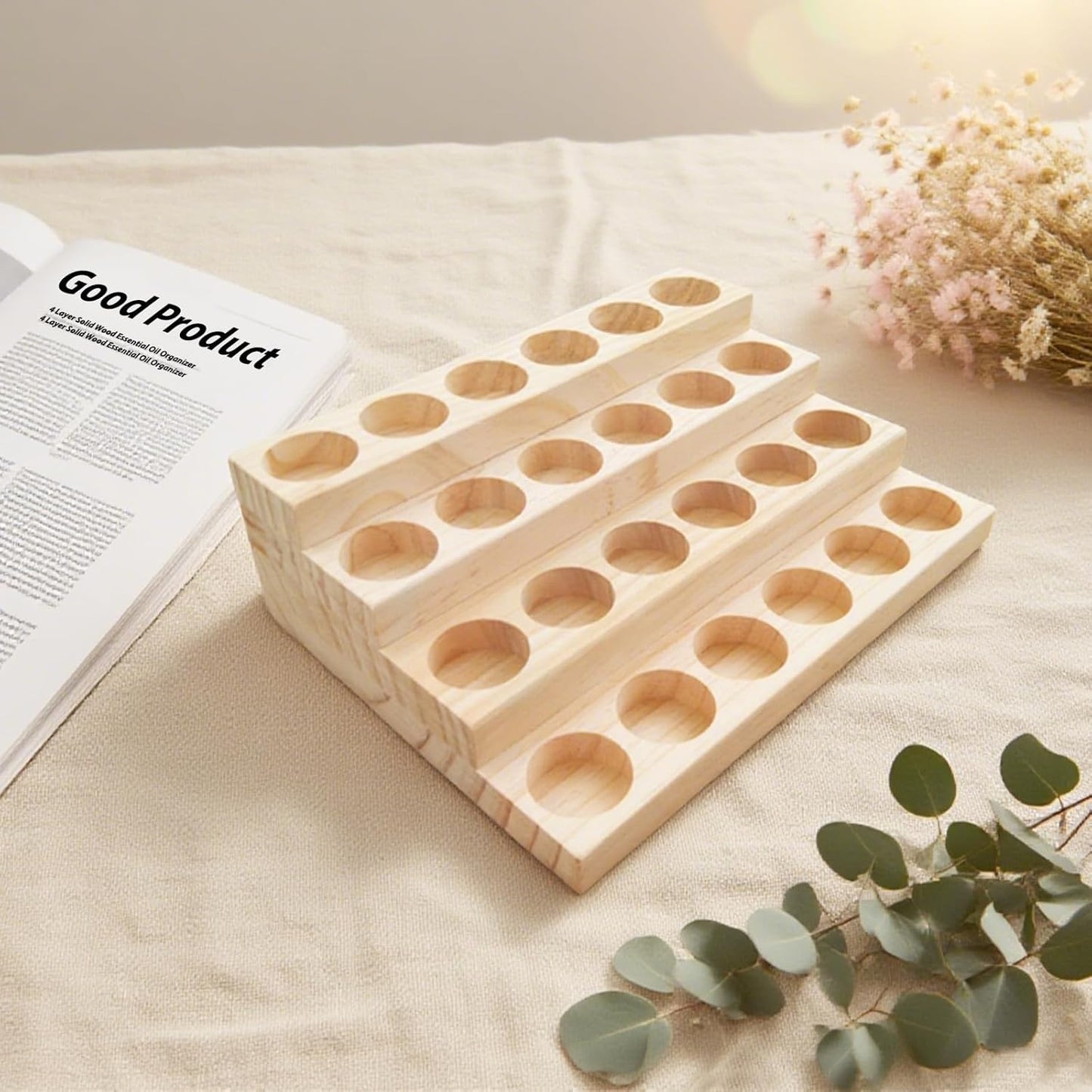 2 Pack Solid Wood Essential Oil Organizer 4 Layer Essential Oils Racks Tabletop Storage Rack Display Stand Holder for 5-20ml Bottles