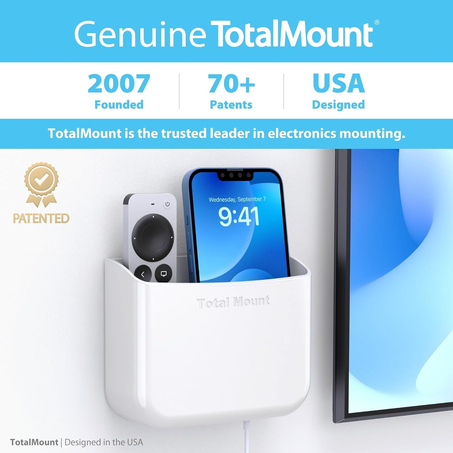 TotalMount Hole-Free Remote Holders – Eliminate Need to Drill Holes in Your Wall (for 2 or 3 Remote Controls – White – Quantity 2)