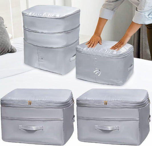 Ultra Space Saving Self Compression Organizers, 2 Pack Double Zipper Compression Packing Cubes for Bedding, Comforter Storage Bag for Blankets Duvet Quilts Pillows Queen King (Gray, X-Large)