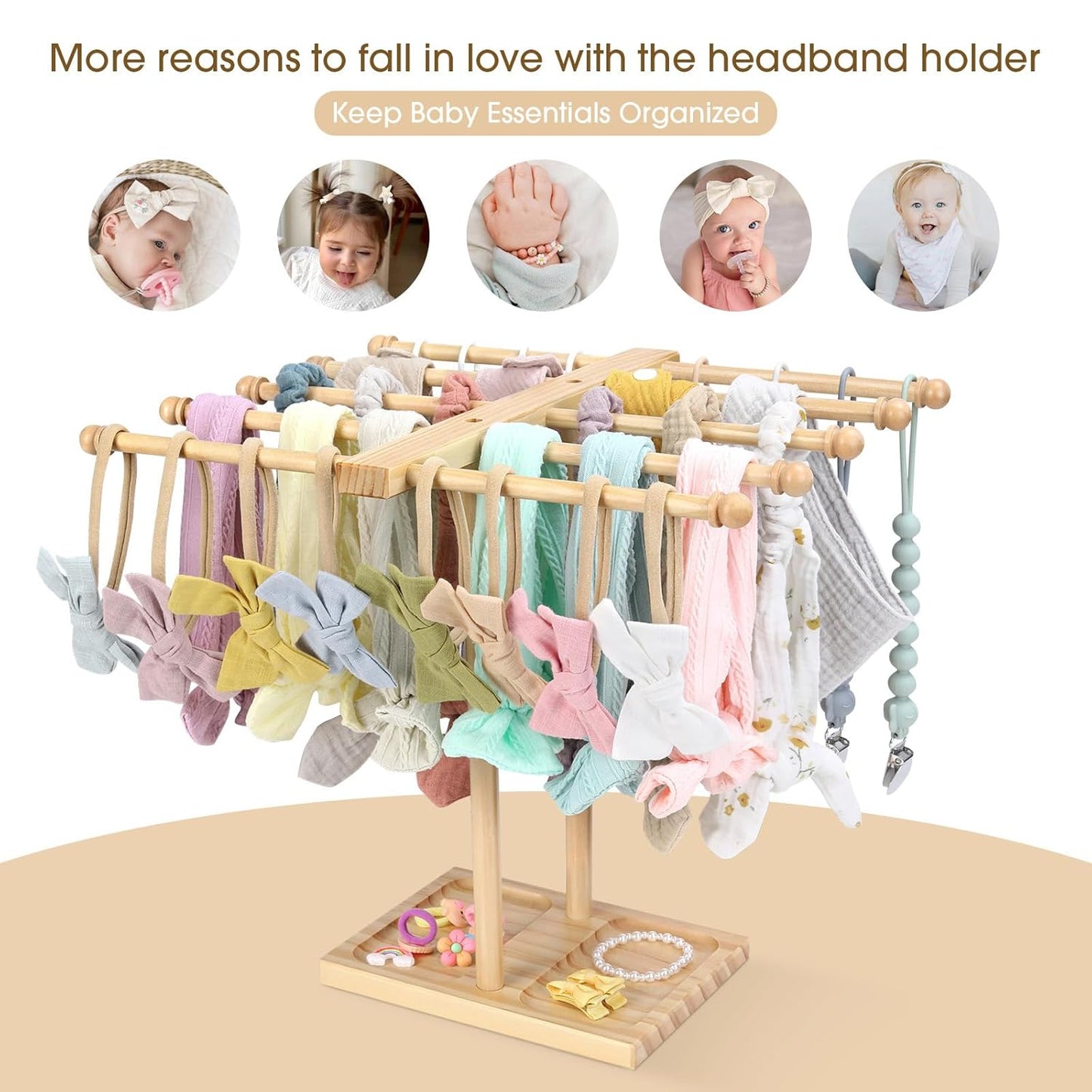 POVETIRE Headband Holder Stand Bow Organizer for Girls, 5 Row Wooden Bow Holder for Girls Hair Bows,Baby Headband Storage Infant Hair Accessories Rack Display for Nursery Decor