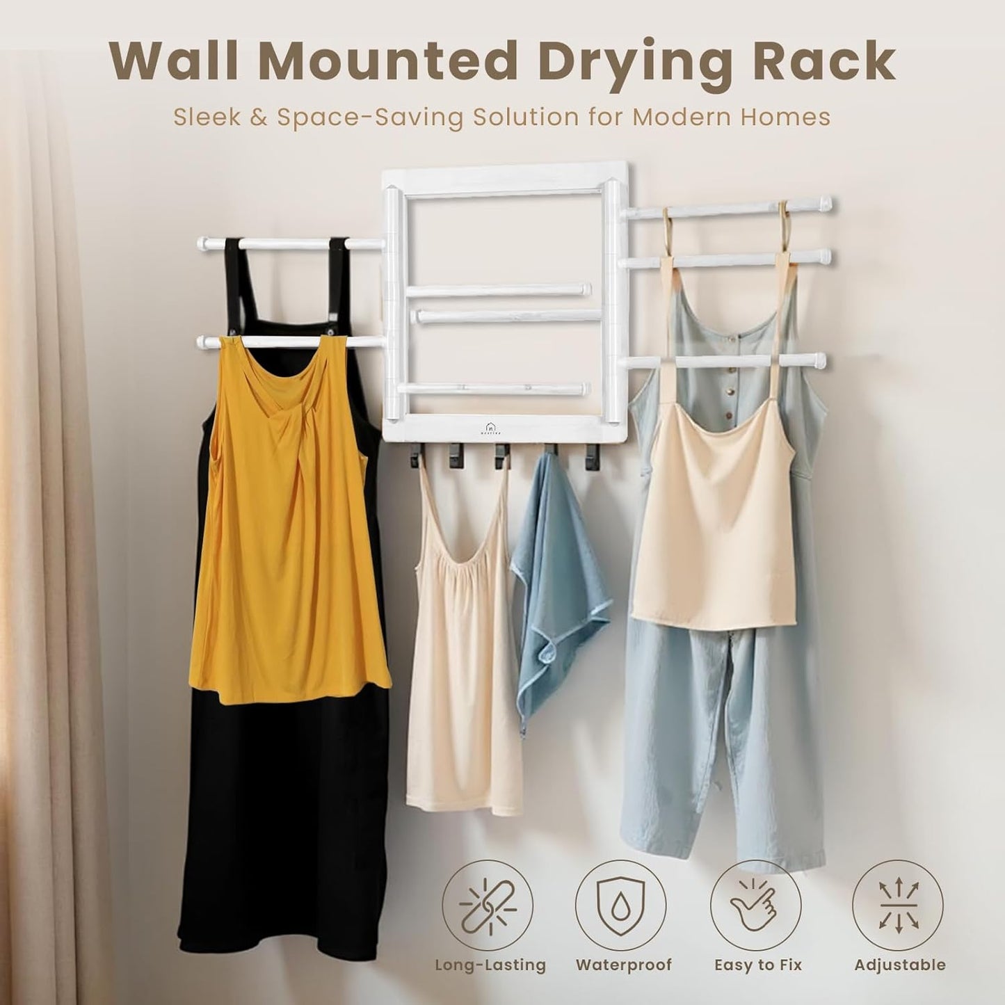 Bamboo Wall Mount Drying Rack for Laundry – Collapsible Foldable Clothes Dryer with 8 Arms & 5 Hooks, Space-Saving Laundry Hanger Dryer Rack, 20 Inch, 80 lb Capacity (White)