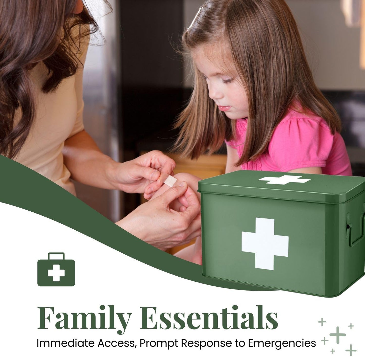 Flexzion First Aid Box Organizer Empty 13" Green Vintage First Aid Kit Tin Metal Medical Box - First Aid Storage Box Container Bins with Dividers, Removable Tray and White Cross Logo