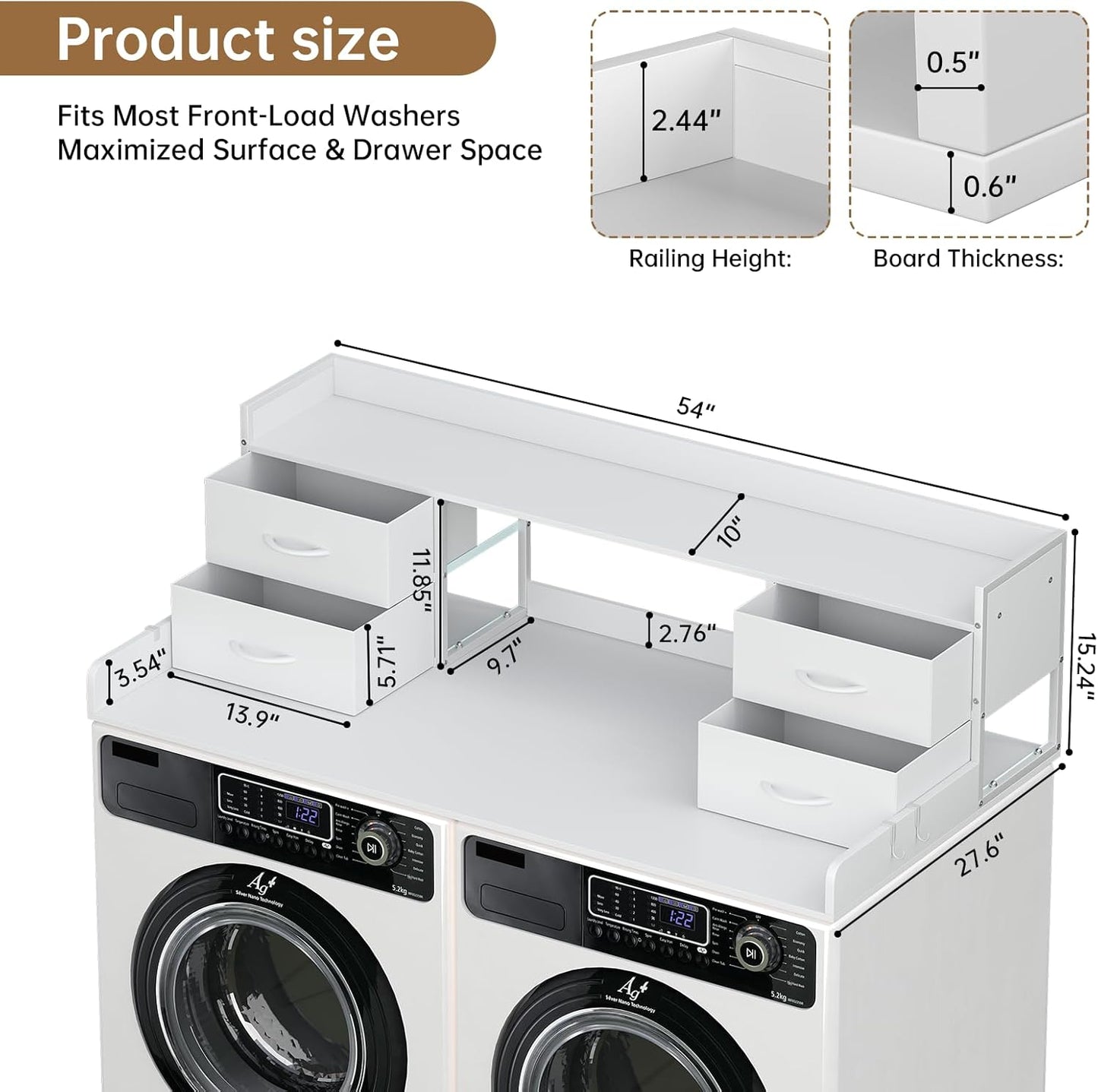 4 Drawers Washer Dryer Countertop with Shelf, 27.5" D x 54" W Laundry Topper with 3.54" High Guardrails and Non-Slip Pads,Extra Storage Organizer for Over Washer and Dryer, Holds 66 Lbs,White