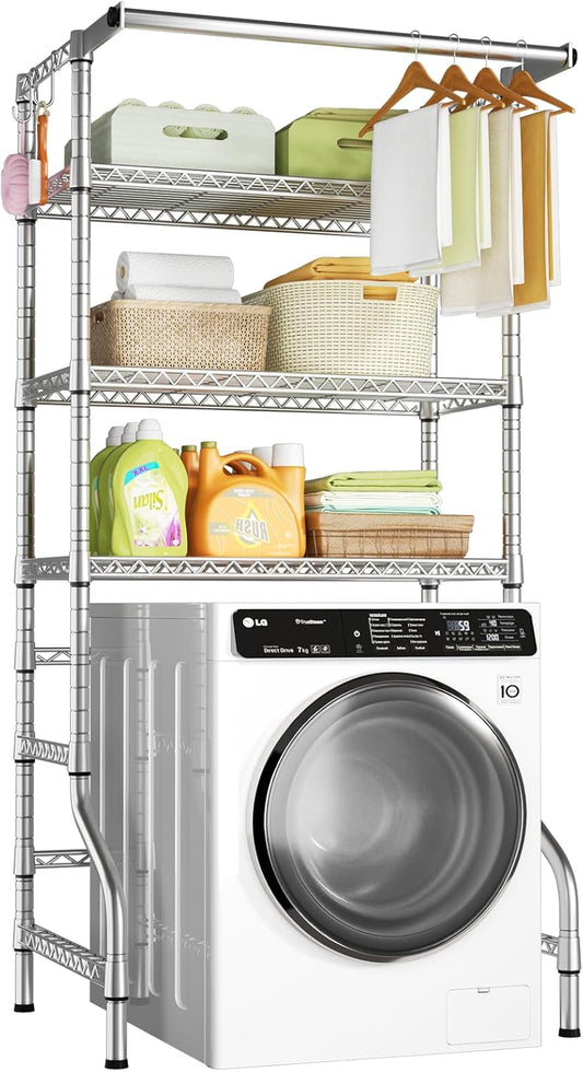 Ulif U11 Over Washer and Dryer Shelves, 3 Tiers Laundry Room Storage and Organizer Standing Shelf, Metal Freestanding Clothes Drying Rack, 33.9" W x 19.7" D x 77.6" H, Chrome