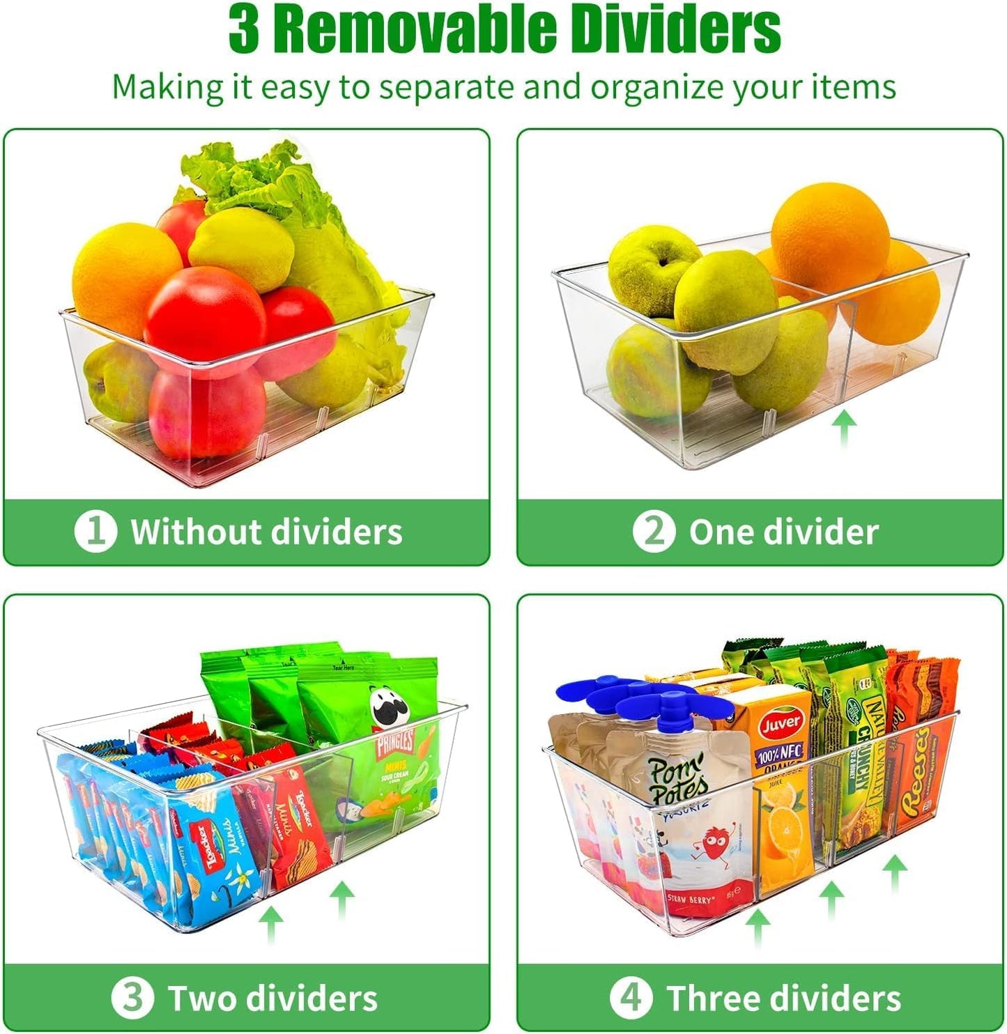 Pantry Organizers and Storage,Kitchen Organizers and Storage for Fridge,Drawer and Refrigerator - Spice Organization for Cabinet,Clear Plastic Stackable Storage Organizer Bins with 3 Dividers (3 Pcs)