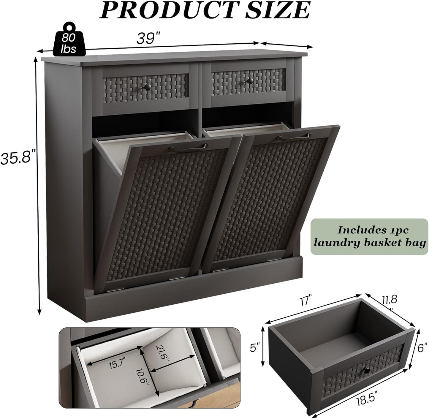 Double Tilt Out Laundry Hamper Cabinet,10 Gallon Laundry Cabinet with Drawers ＆ 2 Hidden Baskets, Farmhouse Storage Basket for Laundry Room, Bathroom, Kitchen, Gray
