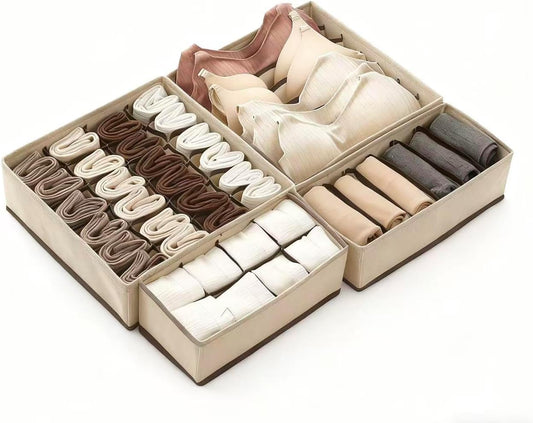 4 Piece Drawer Organiser,Collapsible Non-Woven Sorting Box,Closet Divider For Underwear,Socks,Bras,Ties (Khaki)