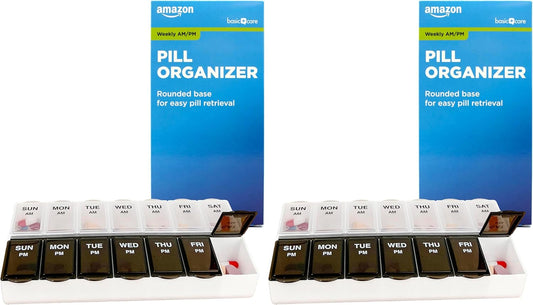 Amazon Basic Care 7-Day AM/PM Pill Organizer | Large Compartments | 2 Times Daily | Black and Clear Lids | Pack of 2