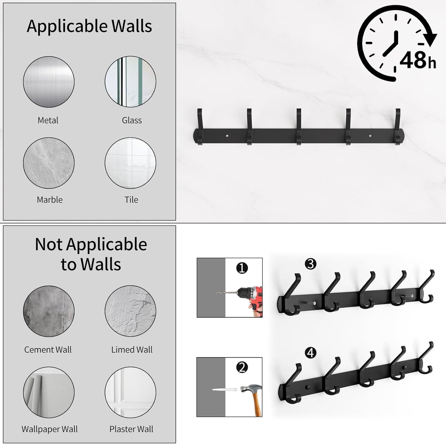 2 Pack Coat Rack Wall Mount,17.3 in Wall Hooks for Hanging, Coat Hanger Wall Mount Towel Rack Hat Rack for Wall with 10 Hooks for Entryway, Bedroom, Bathroom (Black)