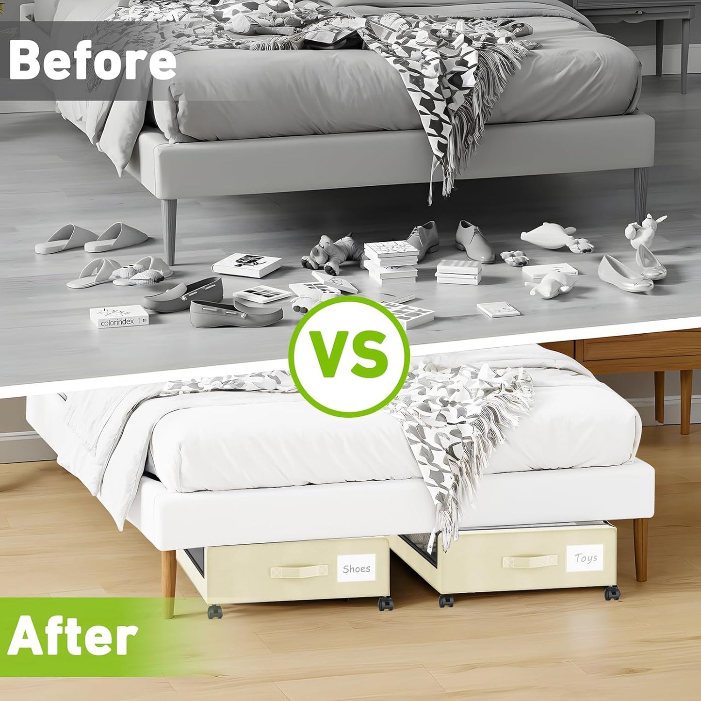 Under Bed Storage with Wheels, 4-Pack UnderBed Storage Containers with Clear Lids, Under Bed Shoe Storage Organizer, Rolling Under Bed Storage for Clothes Shoes Blankets (Beige)