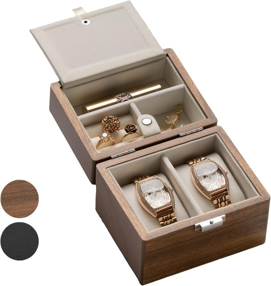 Watch Box, Watch Travel Case for Men, Wood Watch and Jewelry Holder Organizer for Woman, Portable Protection 2-Slot Watch Display Storage Case, Natural Walnut