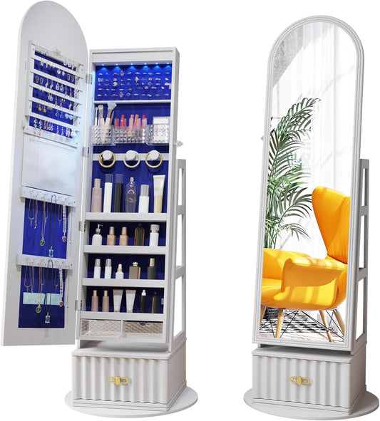63" Full Length Mirror Jewelry Cabinet with Storage – Rotating, Lockable Jewelry Armoire with Velvet Lining, Standing Organizer for Women – Ideal Gift for Jewelry Storage & Display, White