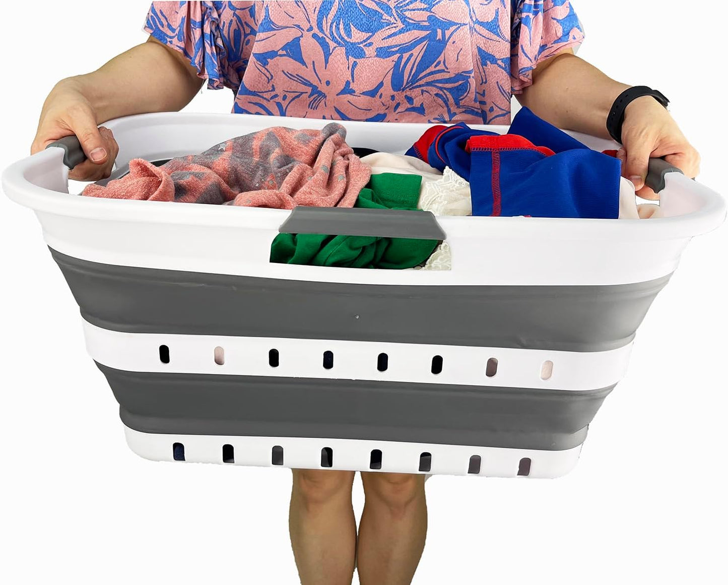 SAMMART Collapsible Plastic Rectangular Laundry Basket - Foldable Pop Up Storage Container/Organizer - Portable Laundry Hamper - Space Saving (White/Steel Grey, 42L)