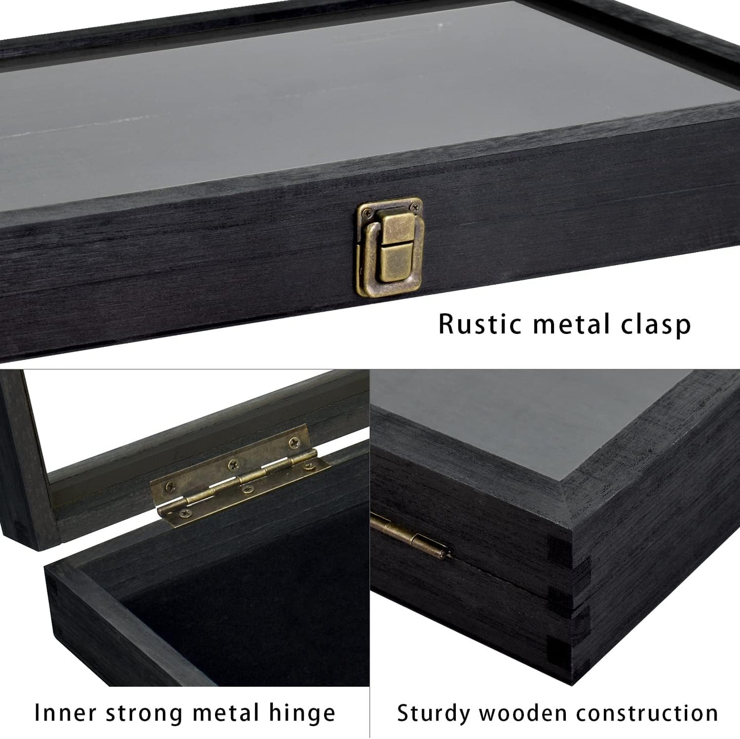 MOOCA 2 Pcs Wooden Jewelry Display Case, Pocket Knife Display Case with Tempered Glass Top Lid and Removable Black Luxurious MDF Velvet Jewelry Pad, Black Color
