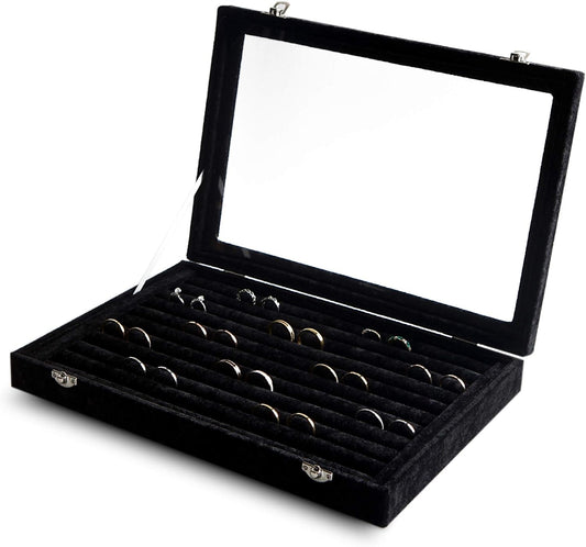 Frebeauty Rings/Earrings Organizer Tray with Clear Lid 10 Slots Velvet Drawer Insert Jewelry Storage box with Transparent Glass lid Jewelry Display Case Showcase Gift for Girls Women (Black, 10 Slots)