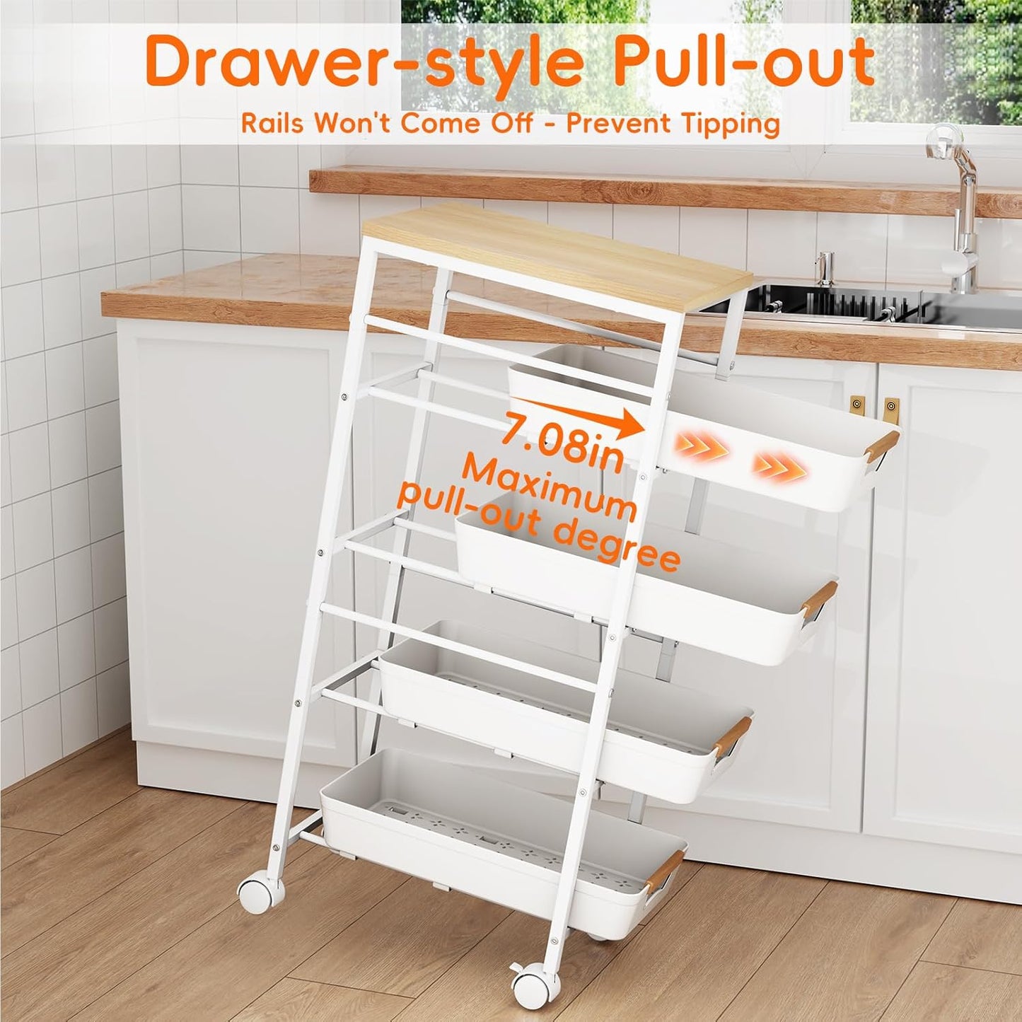 5-Tier Kitchen Storage Cart, Wood Top Rolling Cart Organizer with Pull-Out Baskets & Wheels, Metal Snack Cart with Holder for Fruit, Vegetable, Microwave, Kitchen, Pantry, White