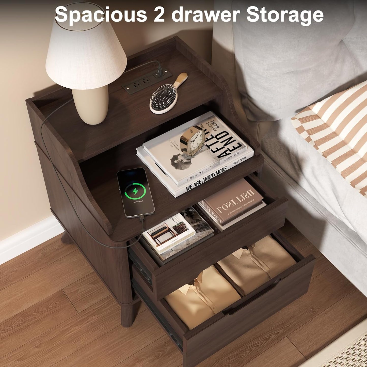 Nightstand with Charging Station, 21" Tall Nightstand w/2 Storage Drawers, Wood Night Stand with Hidden Handle, 17'' Wide Modern Bedside Table for Bedroom, Brown