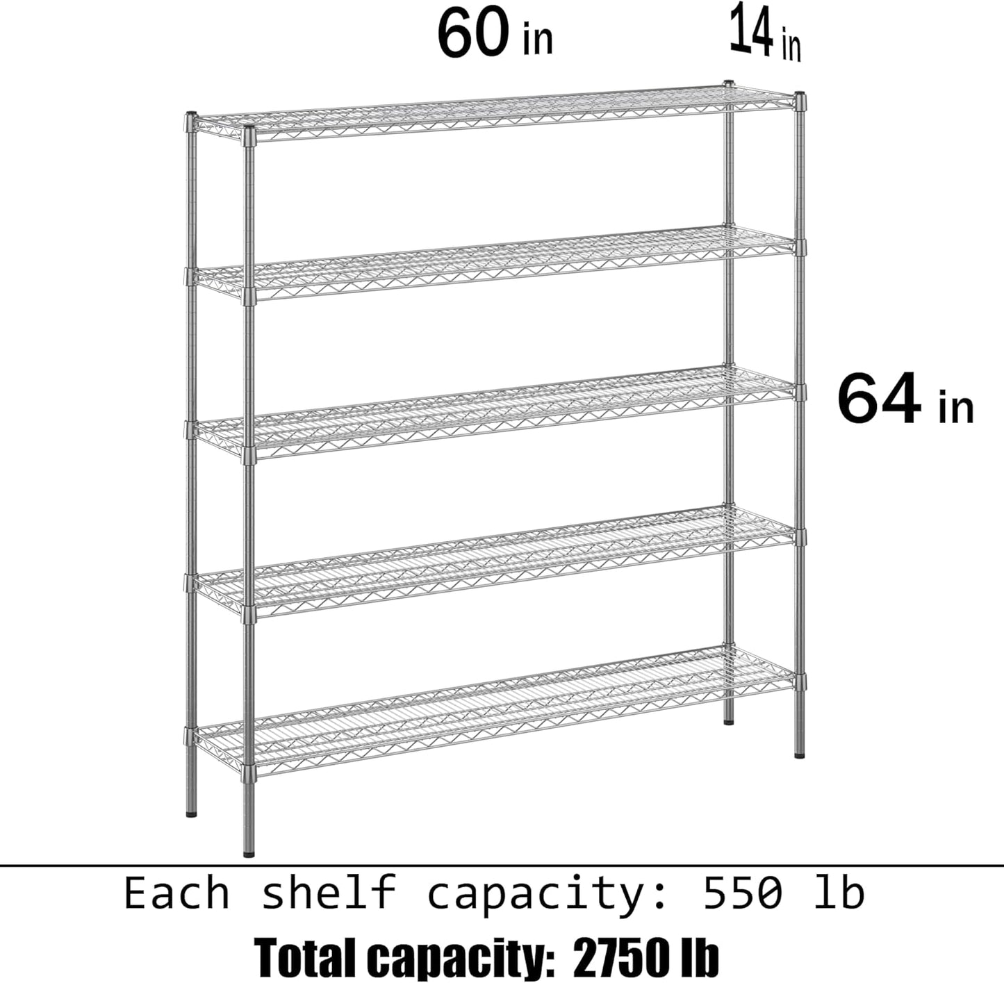 14" Deep x 60" Wide x 64" Height Wire Shelving Kit | 5-Tier | NSF Commercial Storage Rack Unit