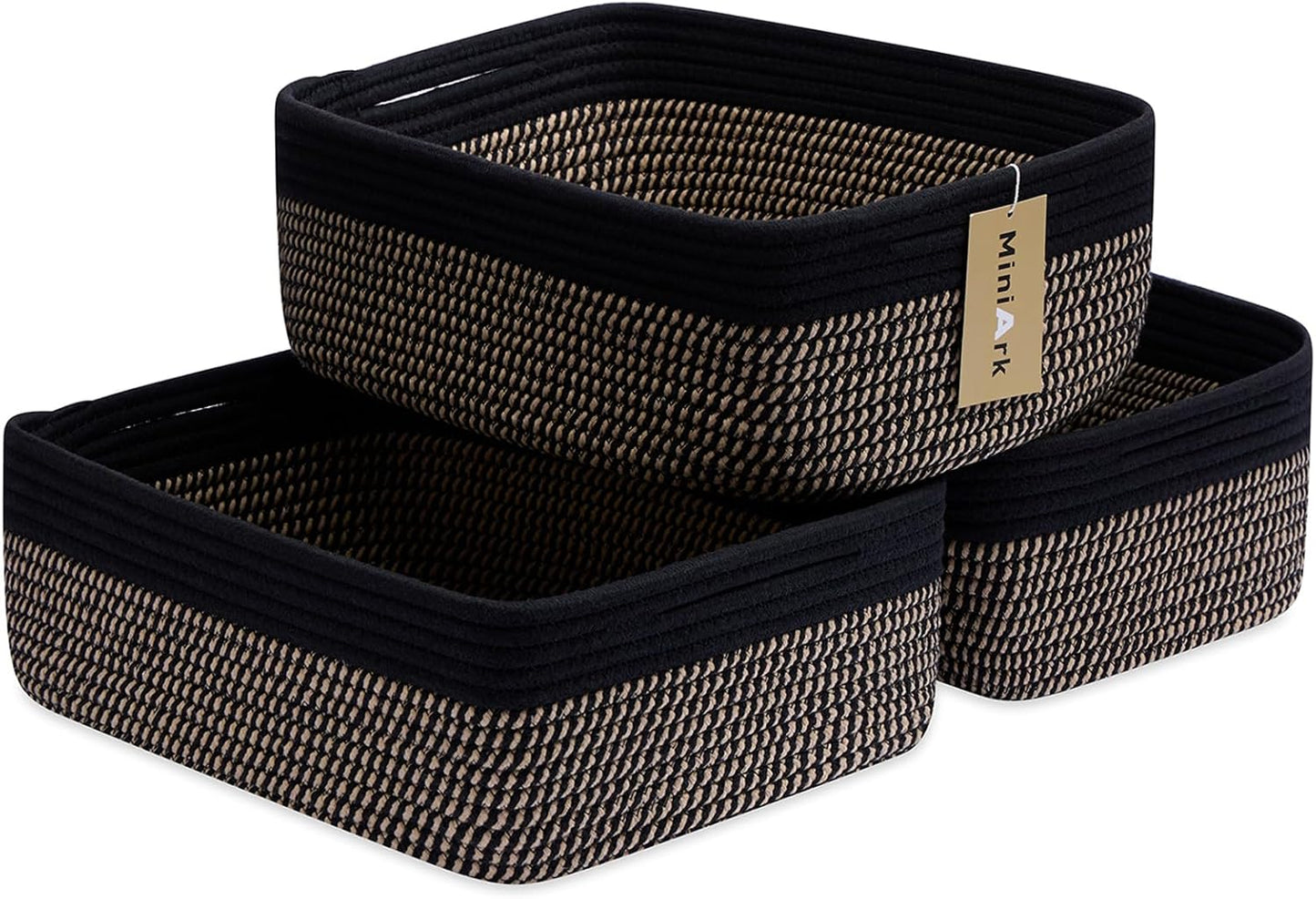 Large Shallow Organizing Baskets 15x11x5.1 Inches - Rope Woven Storage Bins for Bathroom, Shelves, Cube Closet, Black Woven Brown 3 Packs