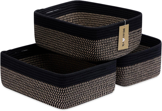 Large Shallow Organizing Baskets 15x11x5.1 Inches - Rope Woven Storage Bins for Bathroom, Shelves, Cube Closet, Black Woven Brown 3 Packs