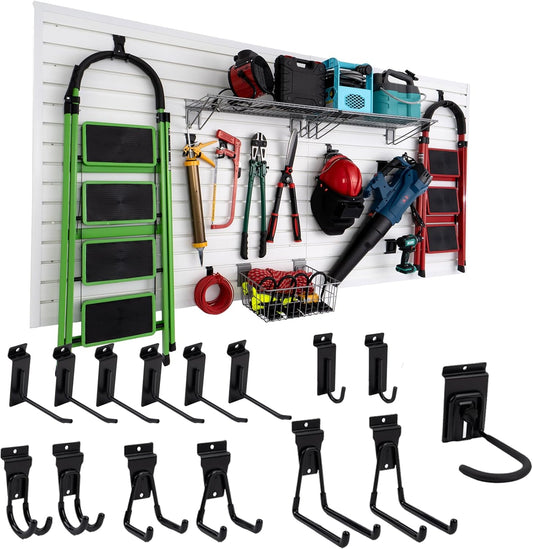 Slatwall Panel 4'x8' with 15 Accessories Garage Tool Organizer Wall Mount PVC Panels for Interior Wall Décor, White Slat Wall Paneling Bike Rack Garage Storage & Organization Products