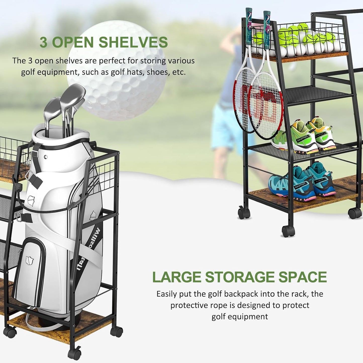 Golf Bag Garage Storage Rack with Wheels, Organizer for Single Golf Bag and Equipment Accessories, Ideal for Home, Garage, Club, Shed, Basement - Sturdy Wood and Metal Construction (Black)