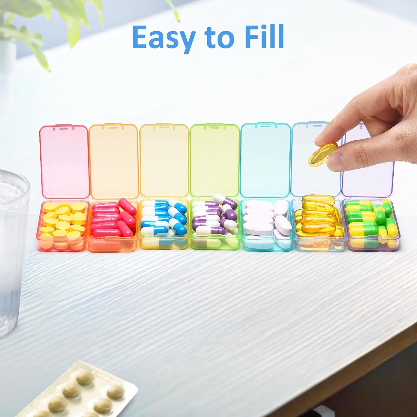 Fullicon Small Pill Case for Purse, Travel Medicine Pill Organizer, Weekly 7 Day Daily Pill Box, Pocket Pharmacy Pill Container Dispenser Holder with Labels (Black Rainbow)