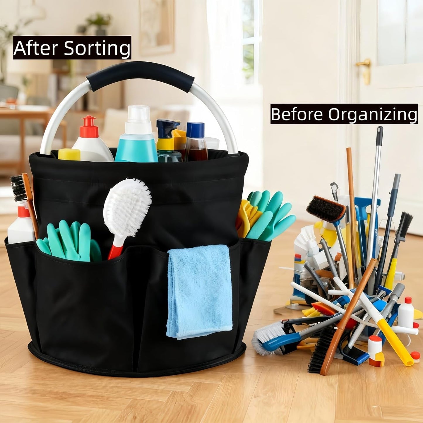 17L Cleaning Caddy With Handle, Foldable Storage Cleaning Product Organizer, Cleaning Caddy Organiser, Outdoor Camping，Portable Multifunctional Cleaning Bucket tool Bag Organizer (black)