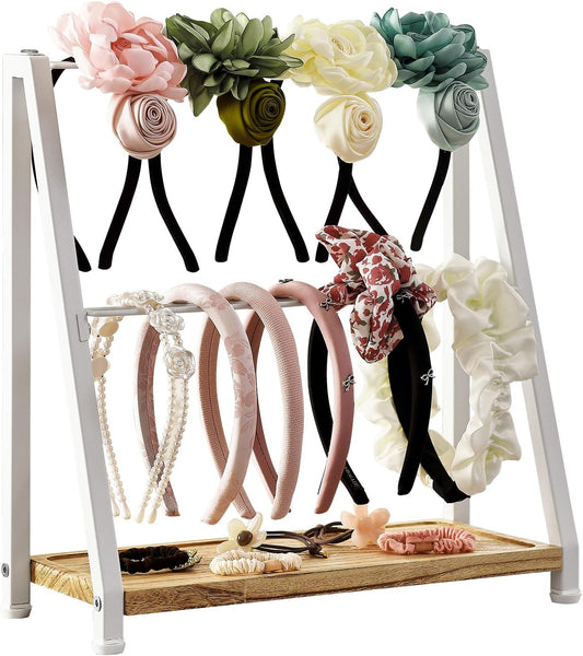 Headband Holder Organizer Metal 2-Tier Display Stand for Selling, Home Bedroom Headband Storage for Girls Women, Headband Stand Wood Base Can Store Hair Ties, White