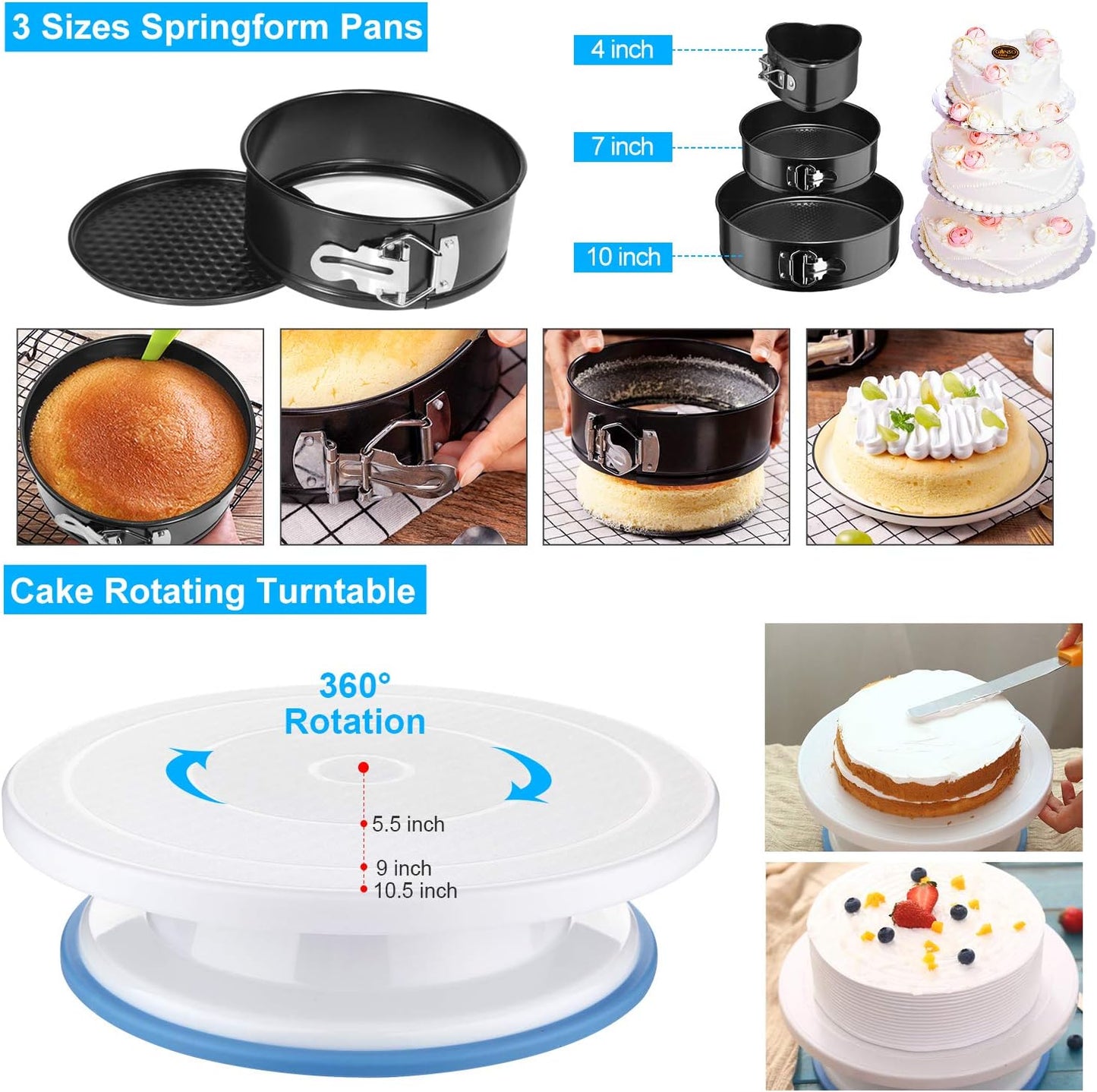 Cake Decorating Supplies,493 PCS Cake Decorating Kit 3 Packs Springform Cake Pans, Cake Rotating Turntable,48 Piping Icing Tips,7 Russian Nozzles, Baking Supplies,Cupcake Decorating Kit, Multicolor