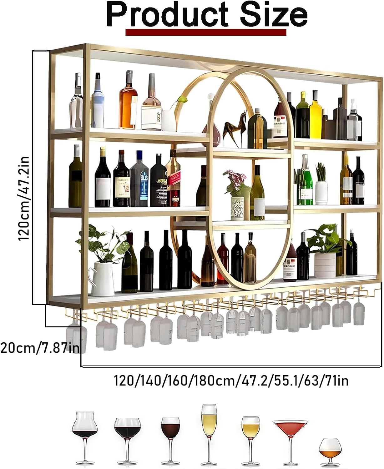 47.2IN Large Wall Mount Wine Rack, Metal 4 Tier Hanging Bottle Holder with Wine Glass Storage Racks, Modern Floating Wine Shelves for Home Bar Dining Room Decoration (Gold)