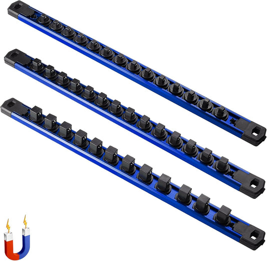 ALOANES 3-Piece Magnetic Socket Organizer, Heavy Duty Aluminum Socket Rails Organizer, 360° Swivel Clips Socket Holder Kit for Tool Box, 1/2, 3/8, 1/4-Inch Socket Holder x 40 Clips (Blue)