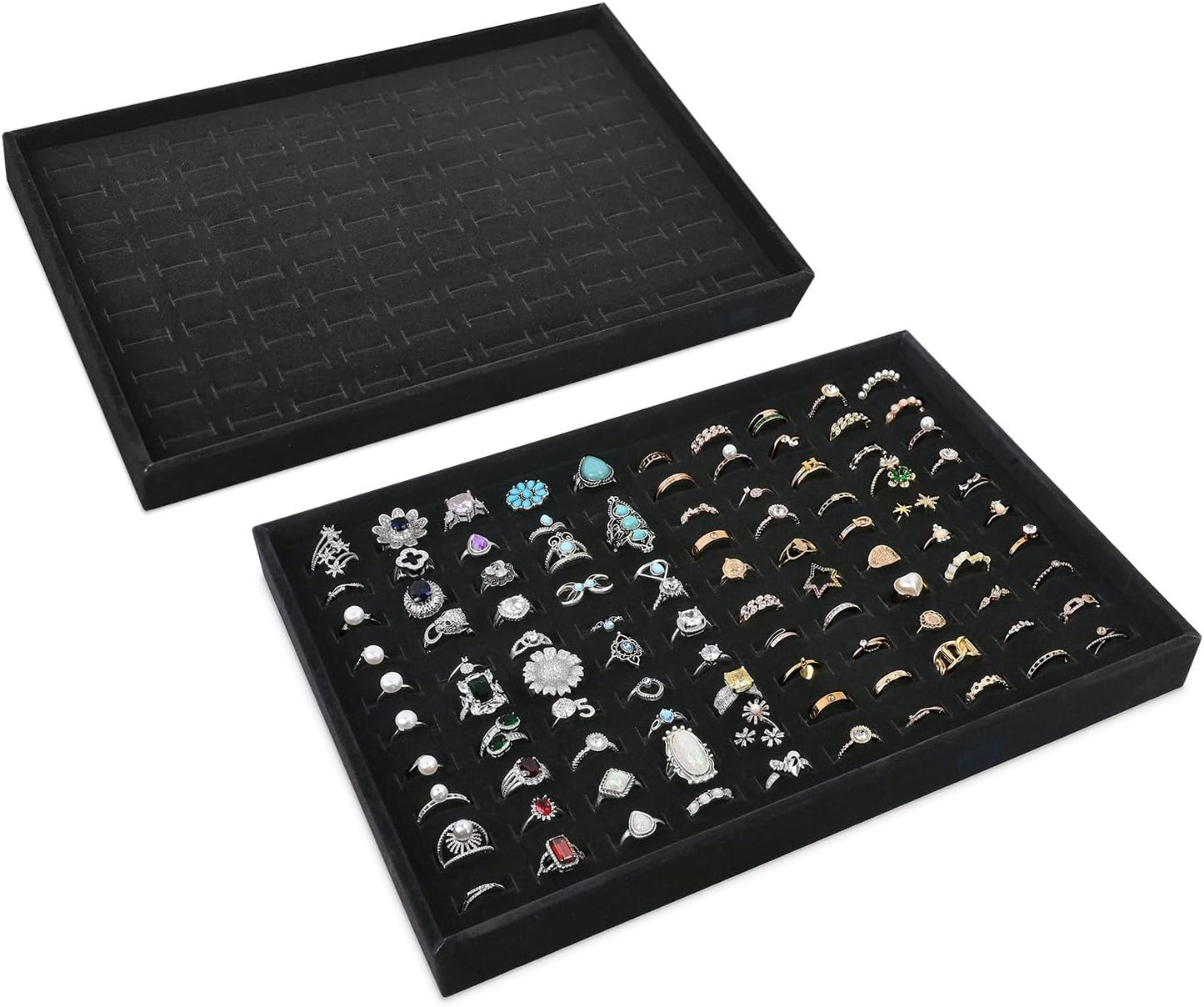 MOOCA 2 Pcs Set 100 Slots Ring Tray Display, Slotted Ring Showcase Display Jewelry Organizer Stand, Jewelry Holder for Showcase for Home Trade Show, Black Velvet