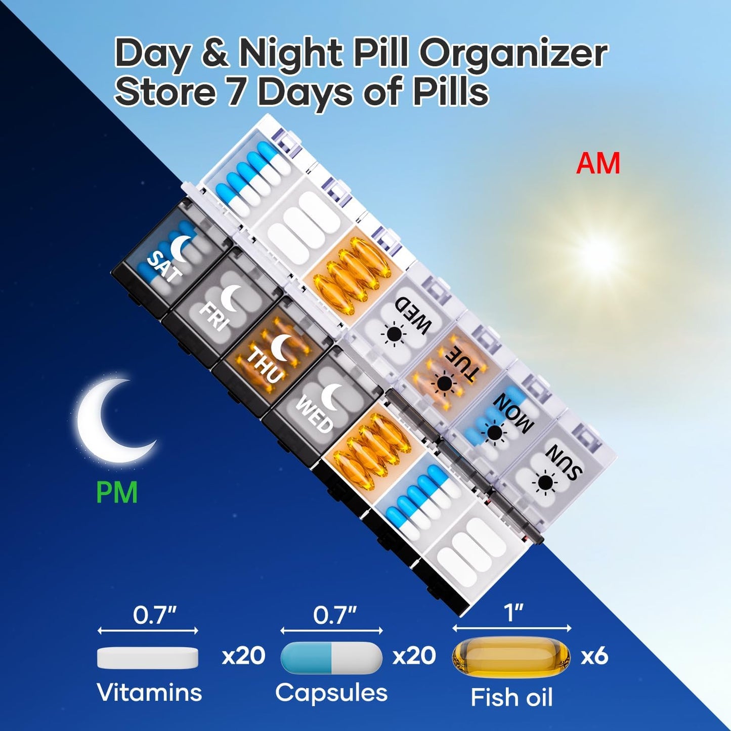 Push Button Weekly Pill Organizer 2 Times a Day, Medicine Pill Organizer, Pill Box Case 7 Day AM PM BPA-Free, Pill Container for Vitamins, Fish Oil, Supplements Medication (Black & White)