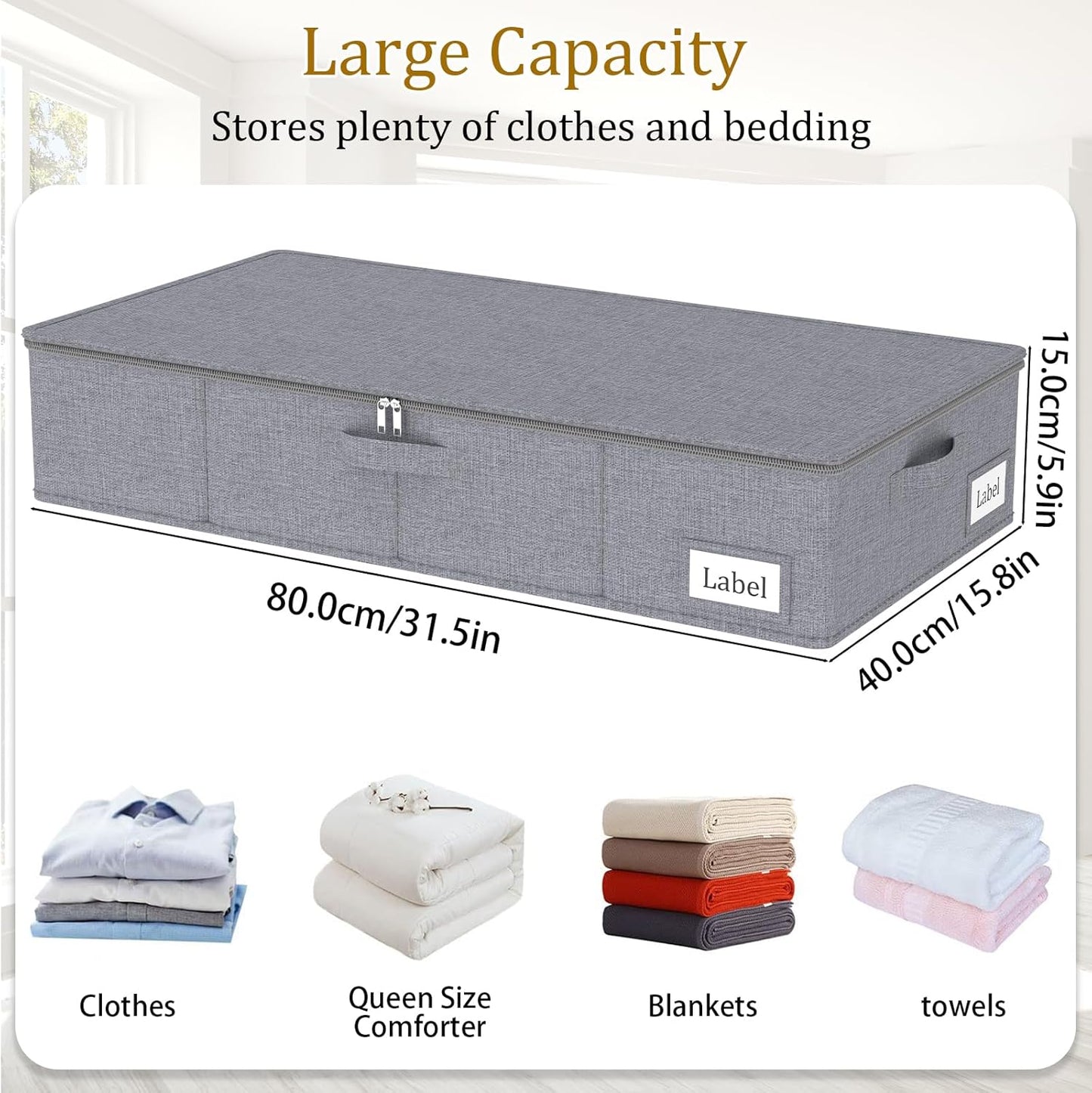 Yawinhe Foldable Underbed Storage Bags, Containers Bin with Lids, Large Under Bed Organizer Box, with Sturdy Zipper und Label Holders, for Clothing, 31.5''Lx15.7''Wx6''H, 2 Pack, Grey