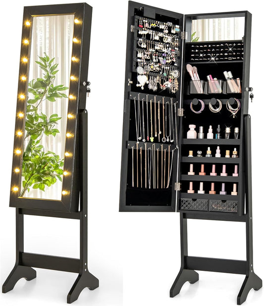 Giantex Standing Jewelry Armoire with Lighted Full Length Mirror, Lockable Jewelry Cabinet Organizer with 20 LED Lights, Adjustable Tilt, Large Storage for Earrings, Rings, Necklaces, Black