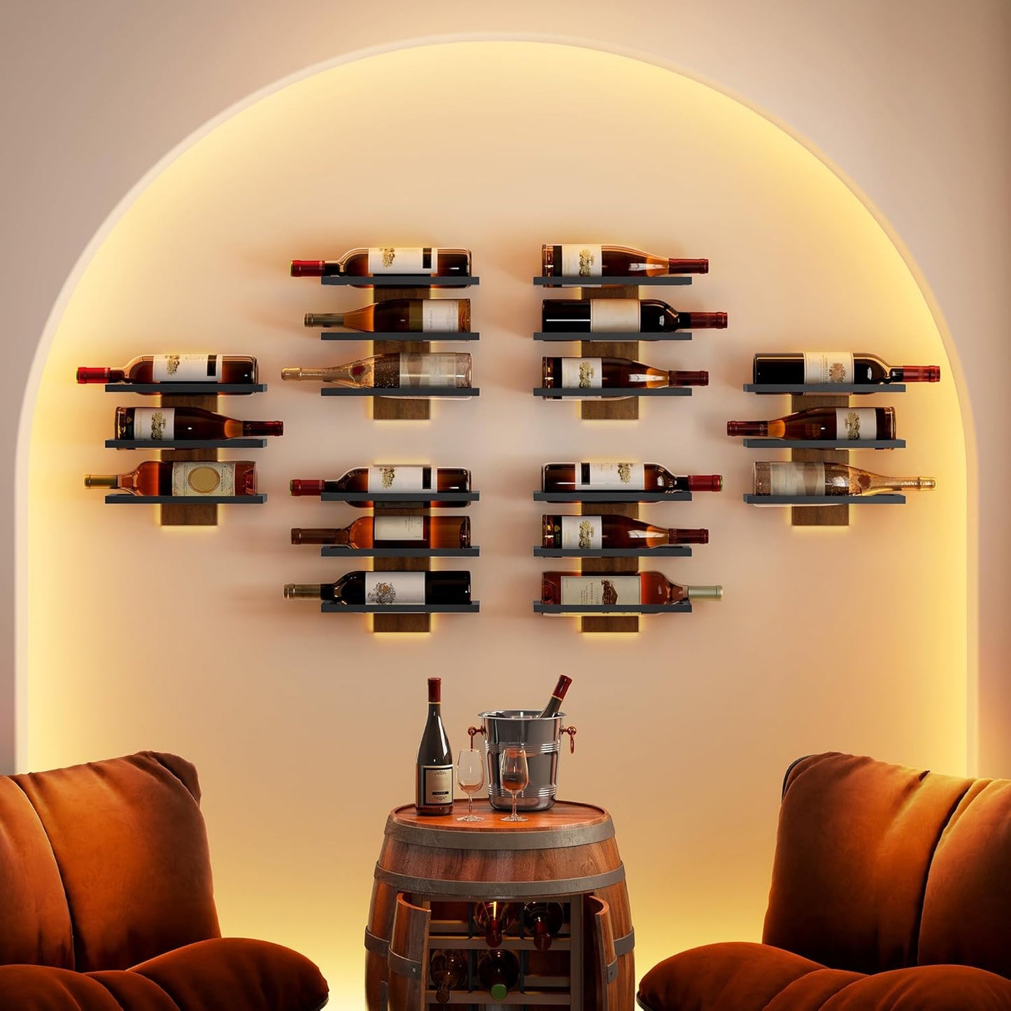 Hoctieon 3-Tier Wall Mount Wine Rack Set (6 Bottles), Wall Mounted Wine Bottle Racks for Display and Storage, Hanging Bottle Holder, for Living Room, Dining Room, Bar, Wine Cellar, Rustic Brown