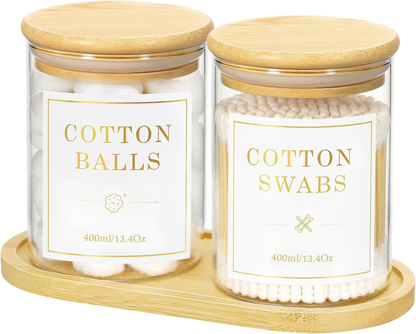 Luxspire Glass Qtip Holder with Vanity Tray, 2 Pack Cotton Swab Holder with Bamboo Lid, 13.4 oz Glass Apothecary Jars Bathroom Accessories Canisters for Cotton Swabs, Balls, Pads, Floss Picks