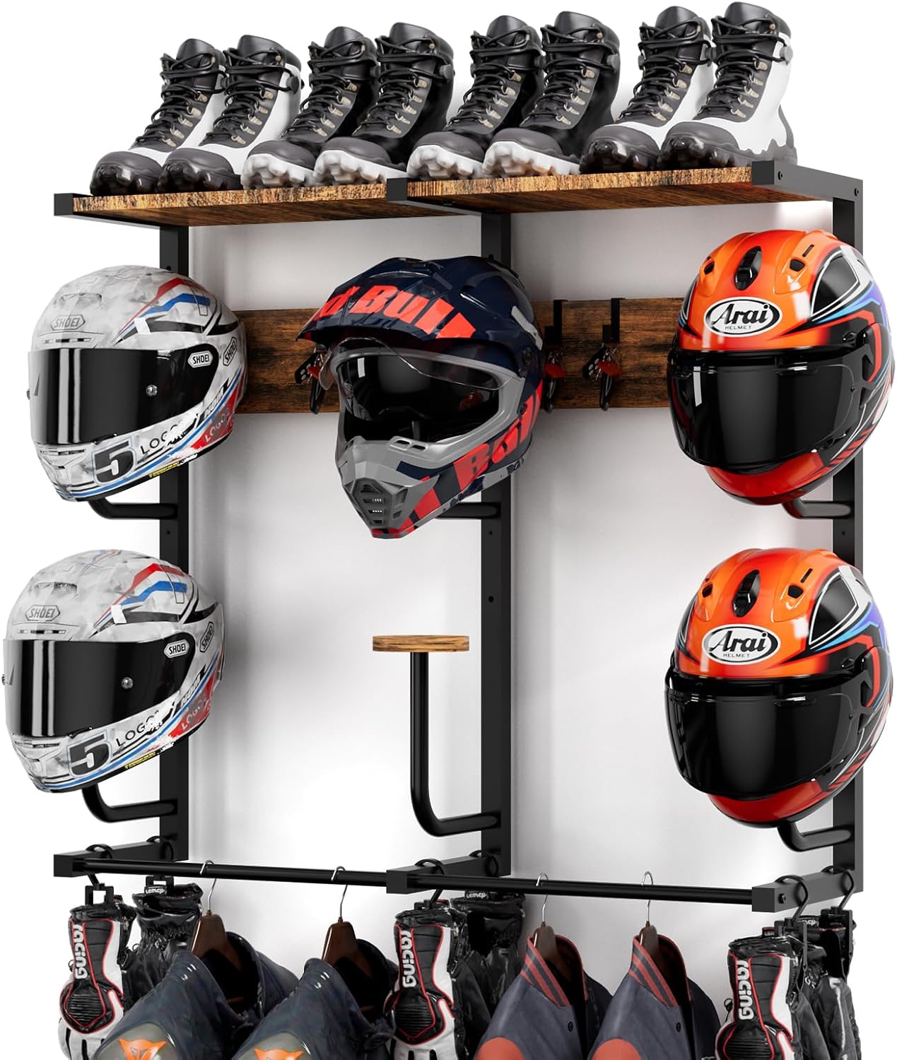 Motorcycle Helmet Rack with 6 J-hooks& 6 Clip Hooks – Wall Mounted Helmet Holder Stand for 6 Helmets, Riding Suits & Accessories, Sturdy Construction Storage Organizer for Entryway or Garage