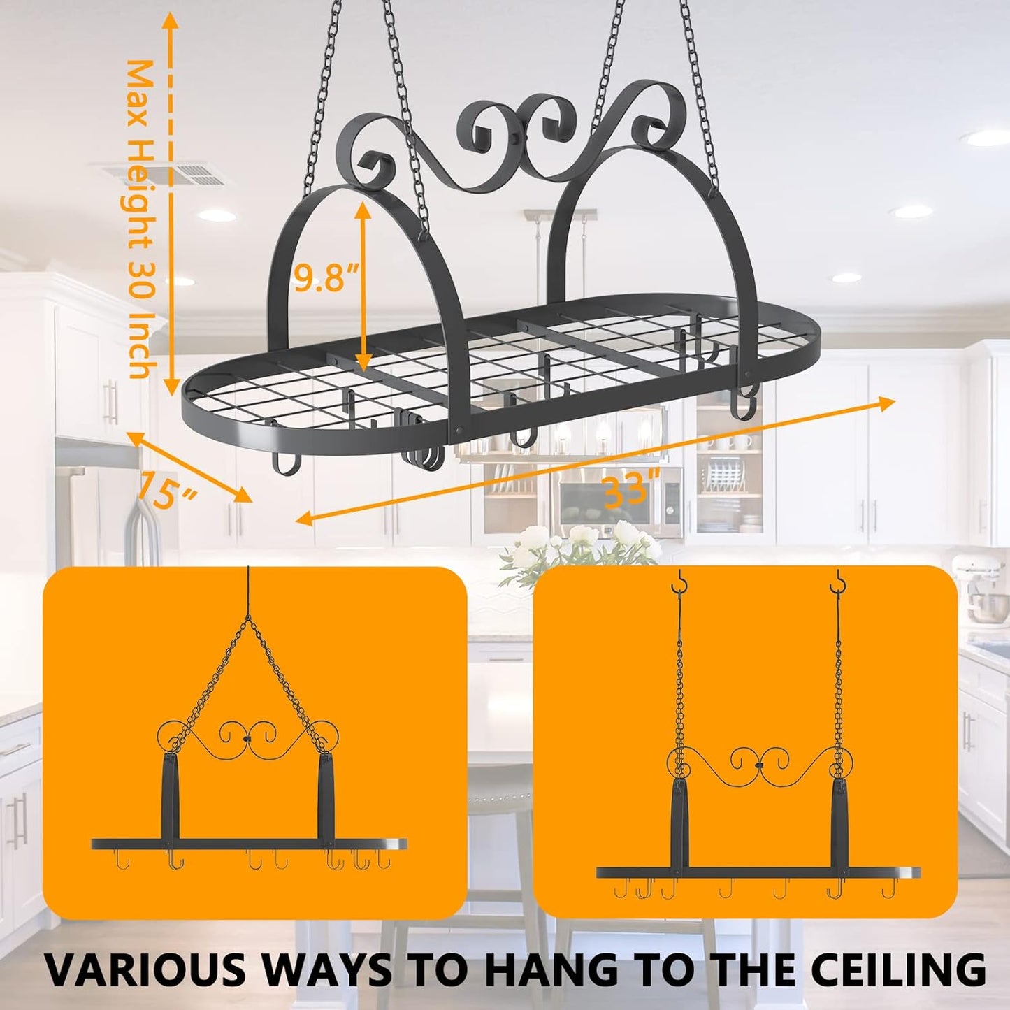 33" Pots and Pans Hanging Rack, Heavy-duty Metal Pan Rack Hanger Organizer with Hooks, Hanging Pot Rack Ceiling Mount for Kitchen Cookware Utensils Toiletries