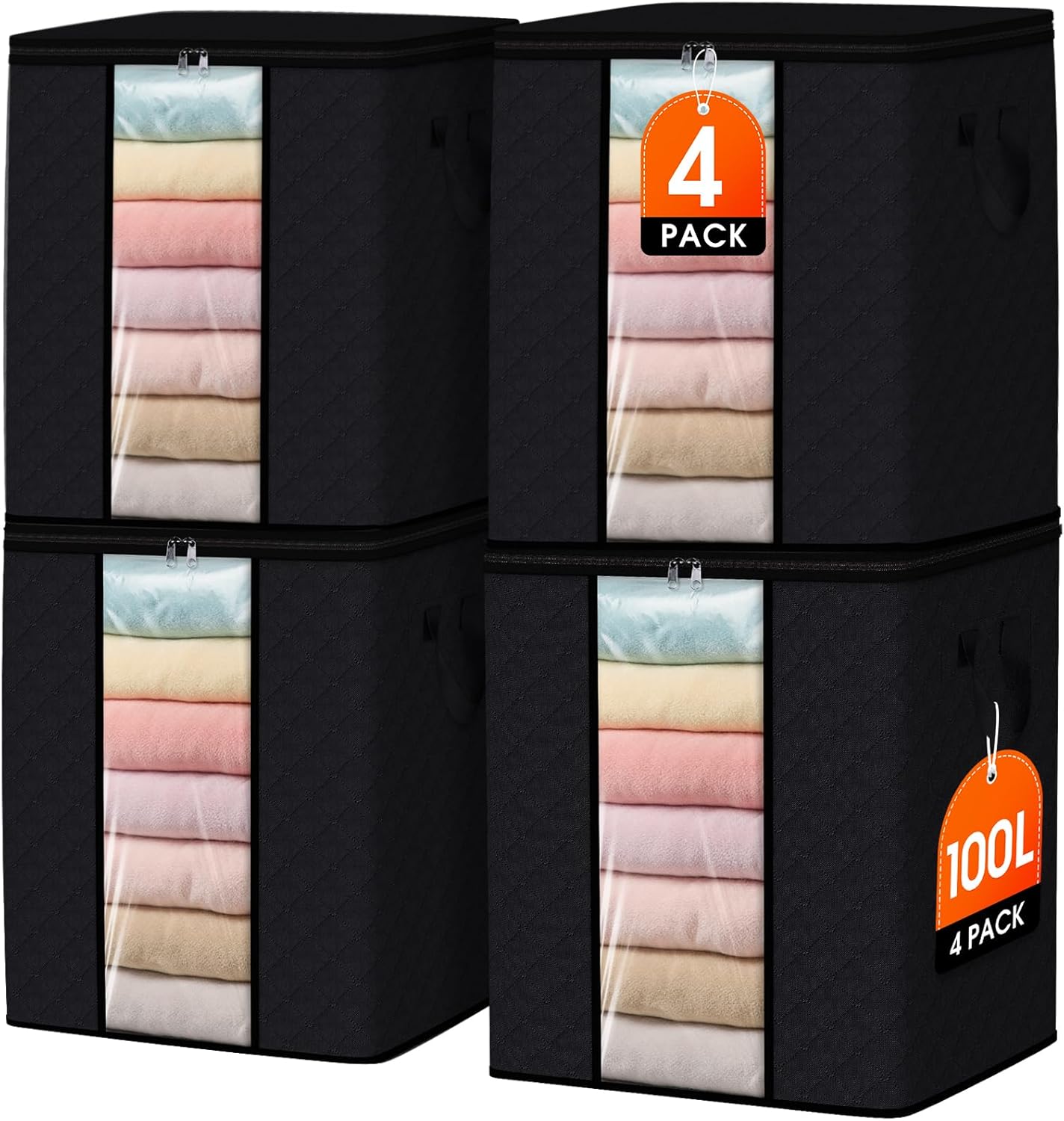 SpaceWhisper 4 Pack 100L Clothes Storage, Foldable Thick Fabric Blanket Storage Bags, Containers for Organizing Bedroom, Closet, Clothing, Comforter,Closet Organization with Handle,Black