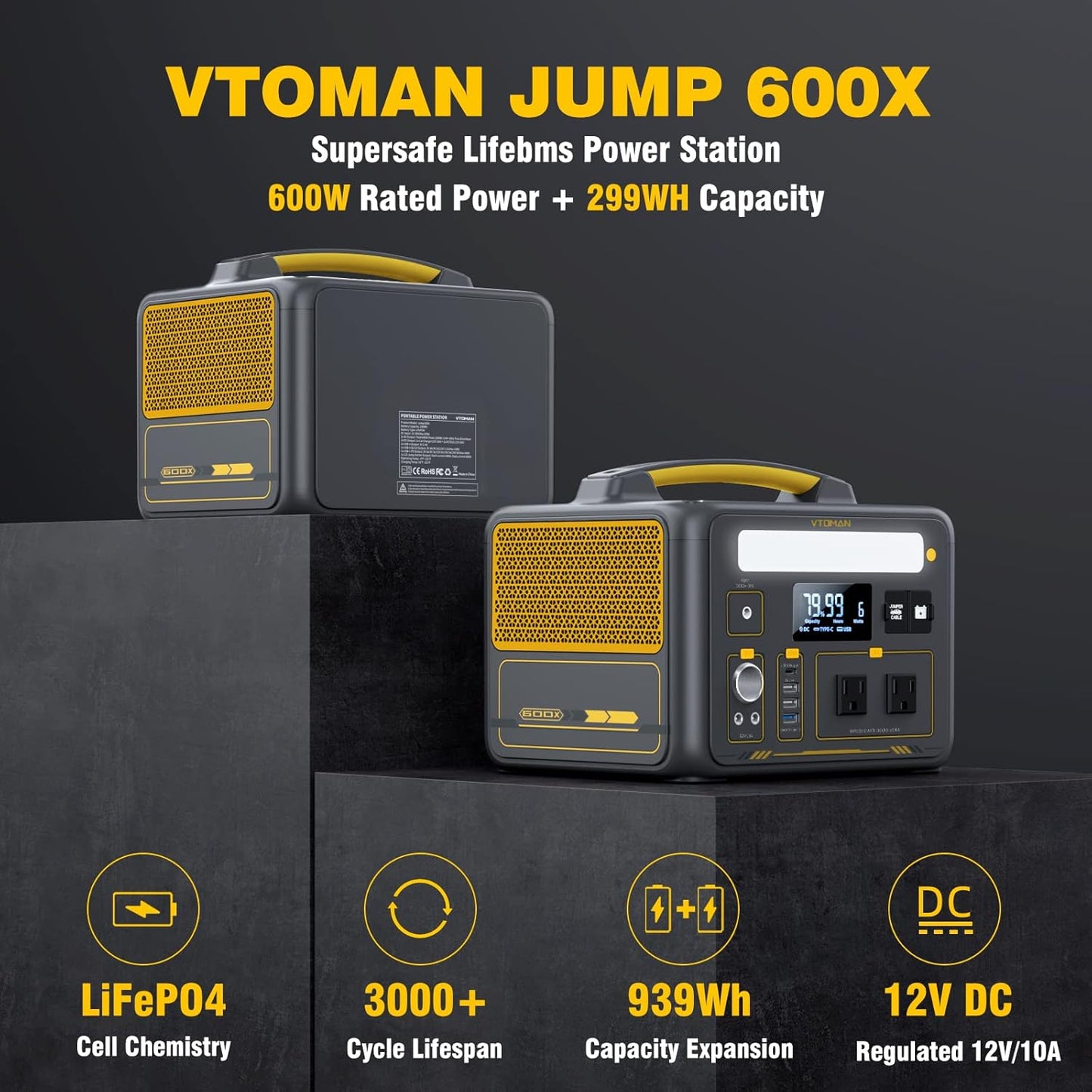 VTOMAN Jump 600X Portable Power Station with 110W Solar Panel, 600W/299Wh LiFePO4 Battery Solar Generator, 1200W AC Outlet, PD 60W USB-C, 3x Regulated 12V/10A DC for RV, Outdoor Camping, Home Backup