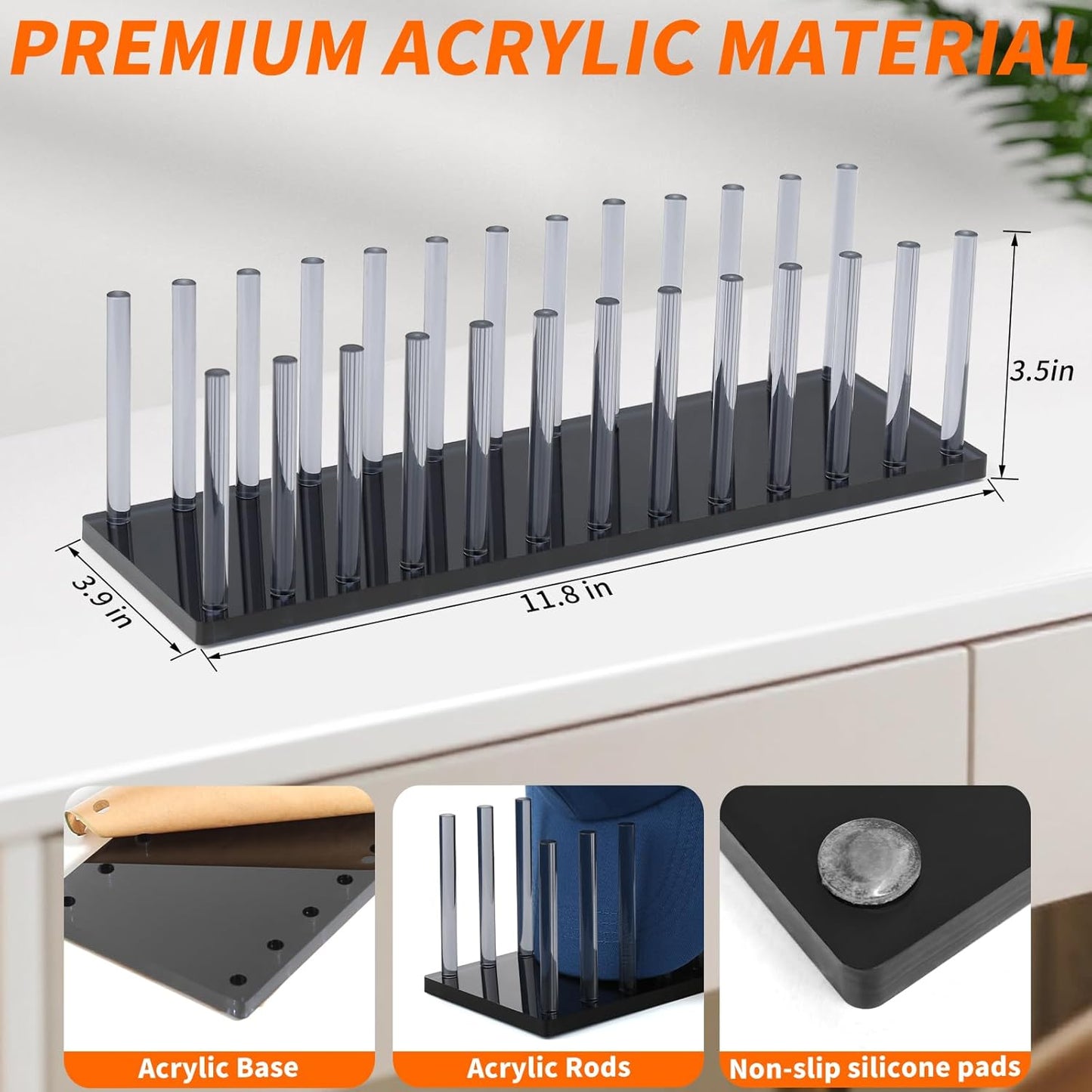 Kadolina Hat Organizer for Baseball Caps, Acrylic Hat Rack for 12 Baseball Caps, Hat Holder Display and Organizer for Closet, Tabletop, Dressing Table (Transparent Black)