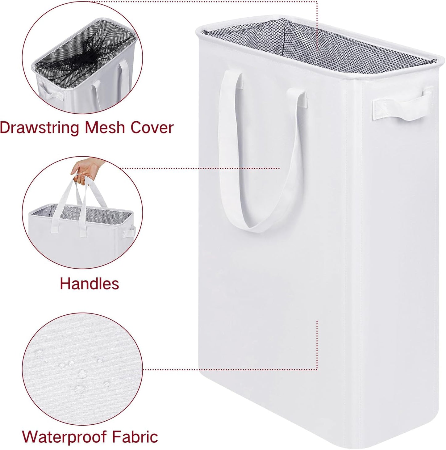efluky Slim Laundry Basket, Narrow Laundry Hamper with Handles, Collapsible Dirty Clothes Hamper, Tall Laundry Bin for Laundry Room, Dorm and Bedroom, 12.7 Gallons(75L) White