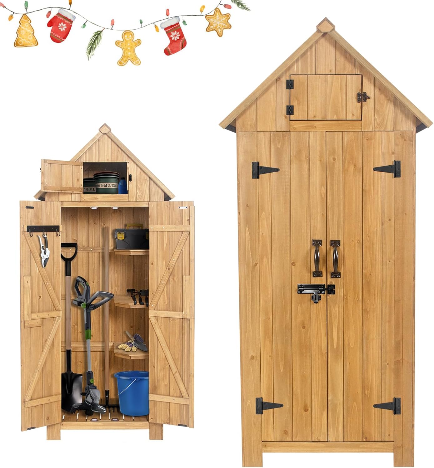Wooden Outdoor Storage Shed with Double Doors,70” Tall Waterproof Storage Shed with Lock,Sheds & Outdoor Storage with Windproof Tipping for Deck,Backyard Garden and Yard